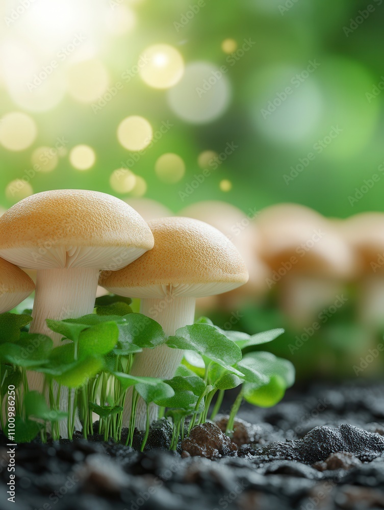 Poster Lush green sprouts surround delicate mushrooms, illuminated by soft bokeh lights, creating a serene and vibrant woodland atmosphere.