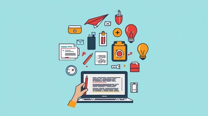 Online Education and E-Learning Concept. Person use laptop with icons representing online education, learning, knowledge sharing, educational tools, training, webinar on internet, digital courses.