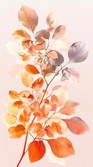 A vertical minimalist floral illustration with abstract leaves and blossoms in pastel colors, arranged on a gradient warm-toned background. 8k UHD, suitable for high-quality printing or digital 