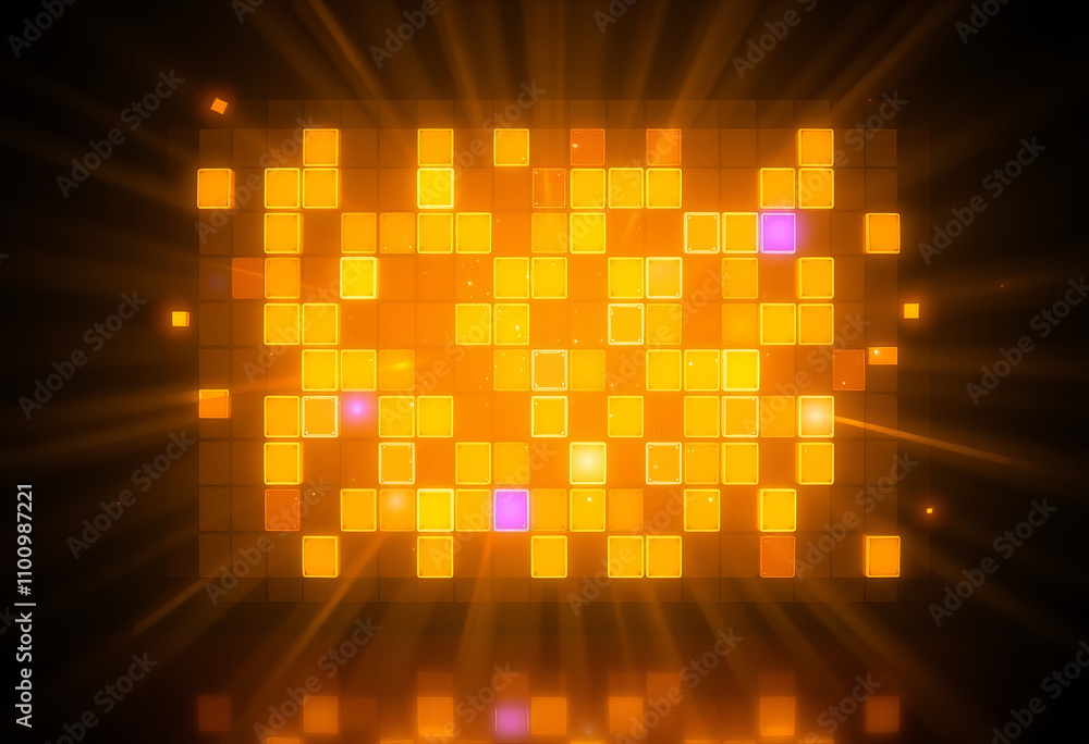Poster integrates luminogram lighting effects with pixel art’s blocky aesthetics resulting in digital style
