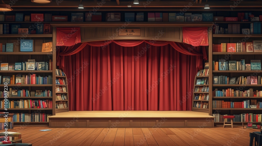 Poster a stage with red curtains is set up in a library surrounded by bookshelves.