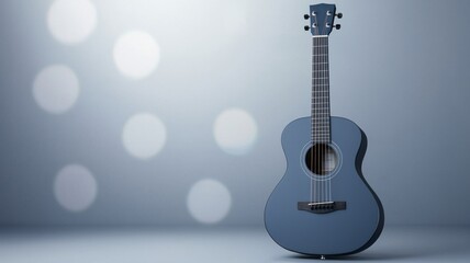 Music and lyrics studio for beat improvement. Acoustic guitar with a soft blue background and bokeh lights.