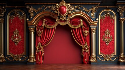 A stage with red curtains, gold trim, and red walls set against a black background.