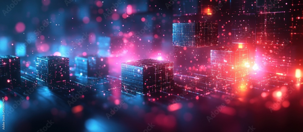 Poster abstract futuristic background with glowing cubes and digital particles in blue and red.