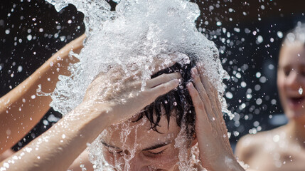 Fototapeta premium People dumping ice water on their heads.