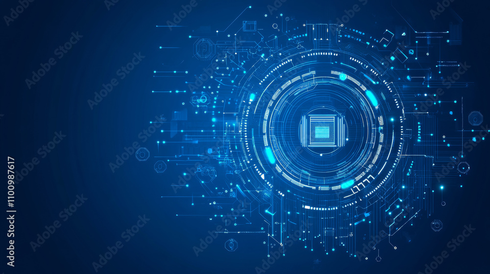 Poster a blue background shows a computer circuit board with a central processor. this image represents com