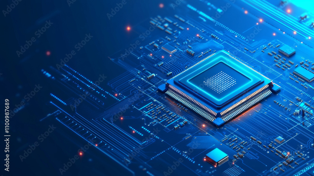 Aufkleber a blue background shows a computer circuit board with a central processor. this image represents com