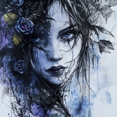 Fototapeta premium Watercolor Portrait of a Woman with Blue Roses in her Hair