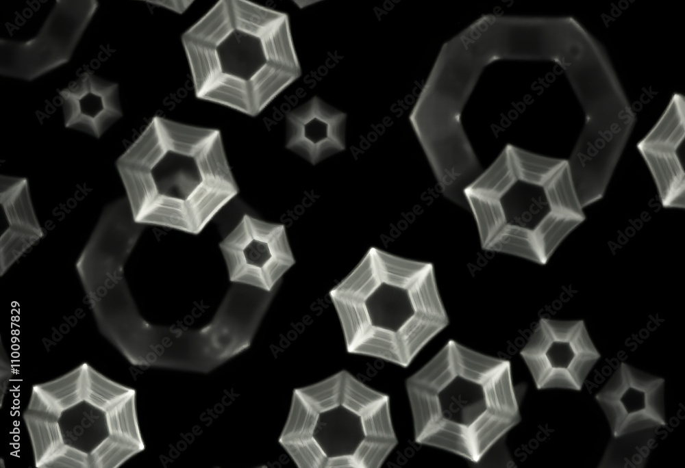 Poster integrates photogram techniques with op art’s hexagonal patterns resulting in intricate light impres