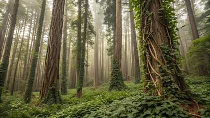 Fototapeta premium Dense underbrush and thorny vines snaking up towering trunks, foliage, dark forest