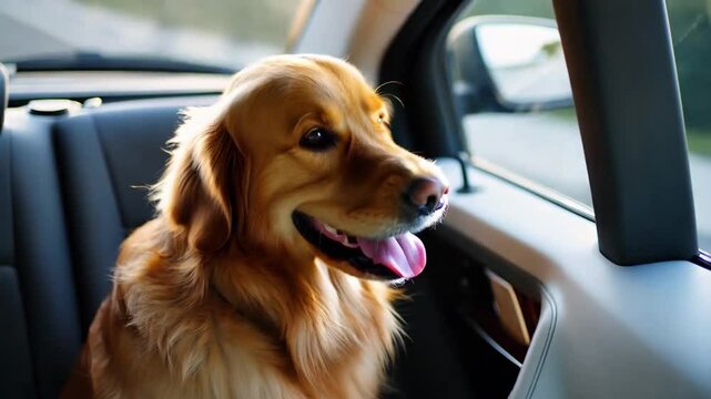 Golden retriever dog in the car looking from window outside with tonque out. Cute doggy pet labrador in vehicle transportation