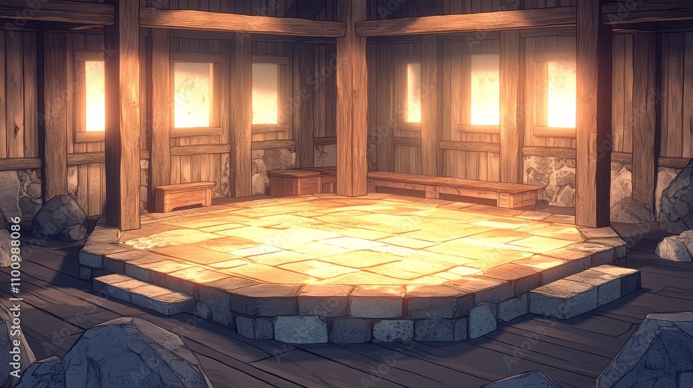 Aufkleber a stone platform inside a wooden building with four windows and an empty space in the center.