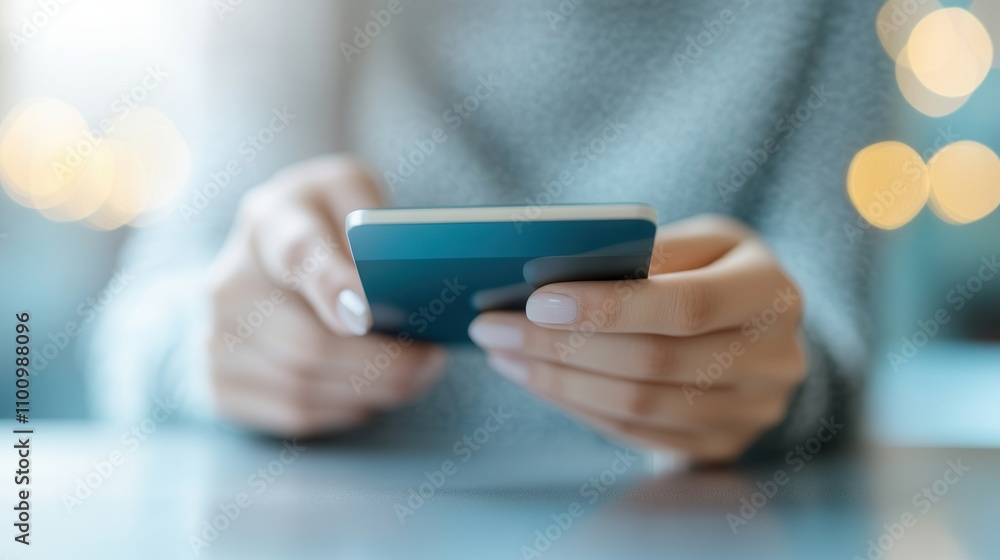 Poster a person holds a smartphone with a soft-focus background, showcasing modern technology and casual in