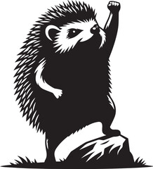 Naklejka premium A hedgehog standing triumphantly on a rock vector silhouette