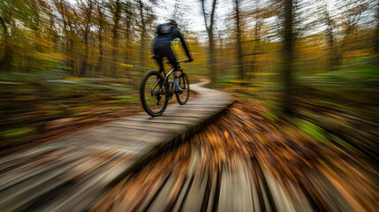 Mountain biker navigating a wooden trail surrounded by autumn foliage in a forest