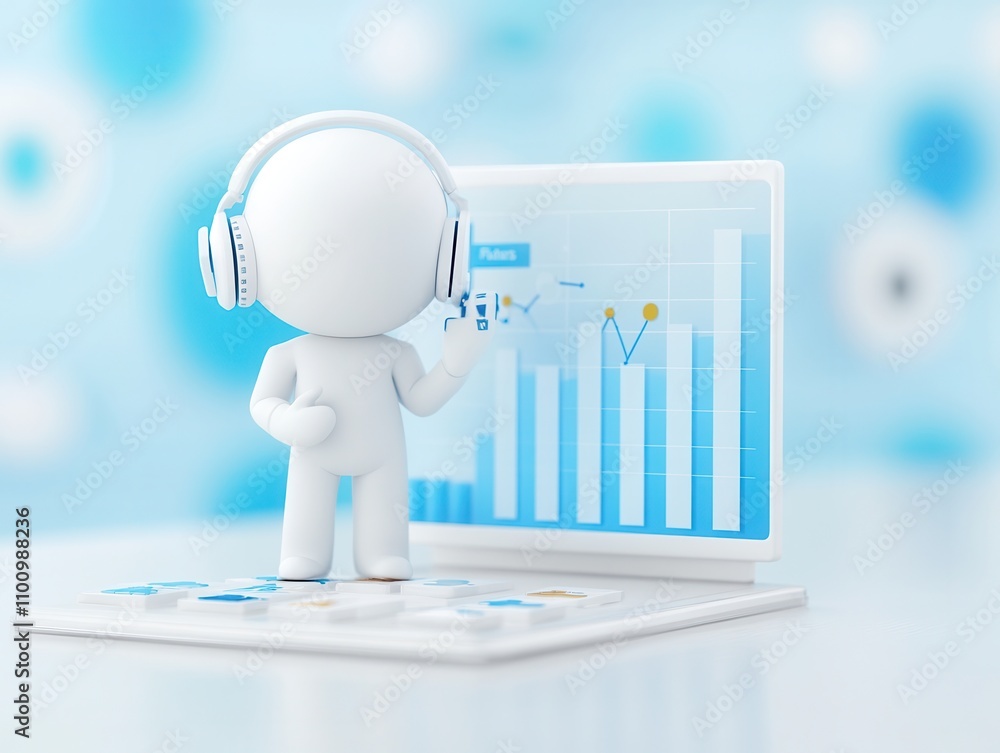 Poster A 3D figure with headphones analyzes digital graphs on a laptop, symbolizing data analysis and technology in a modern workspace.