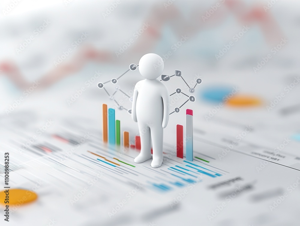 Poster A 3D figure stands on a graph with colorful bars and lines, representing data analysis and business statistics in a modern, digital setting.
