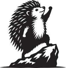 A hedgehog standing triumphantly on a rock vector silhouette