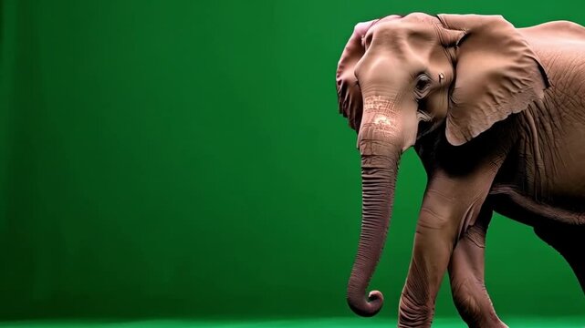 Indian elephant slowly walking seamlessly looped on green screen, real shot, isolated with chroma key, perfect for digital composition, cinema, 3d mapping