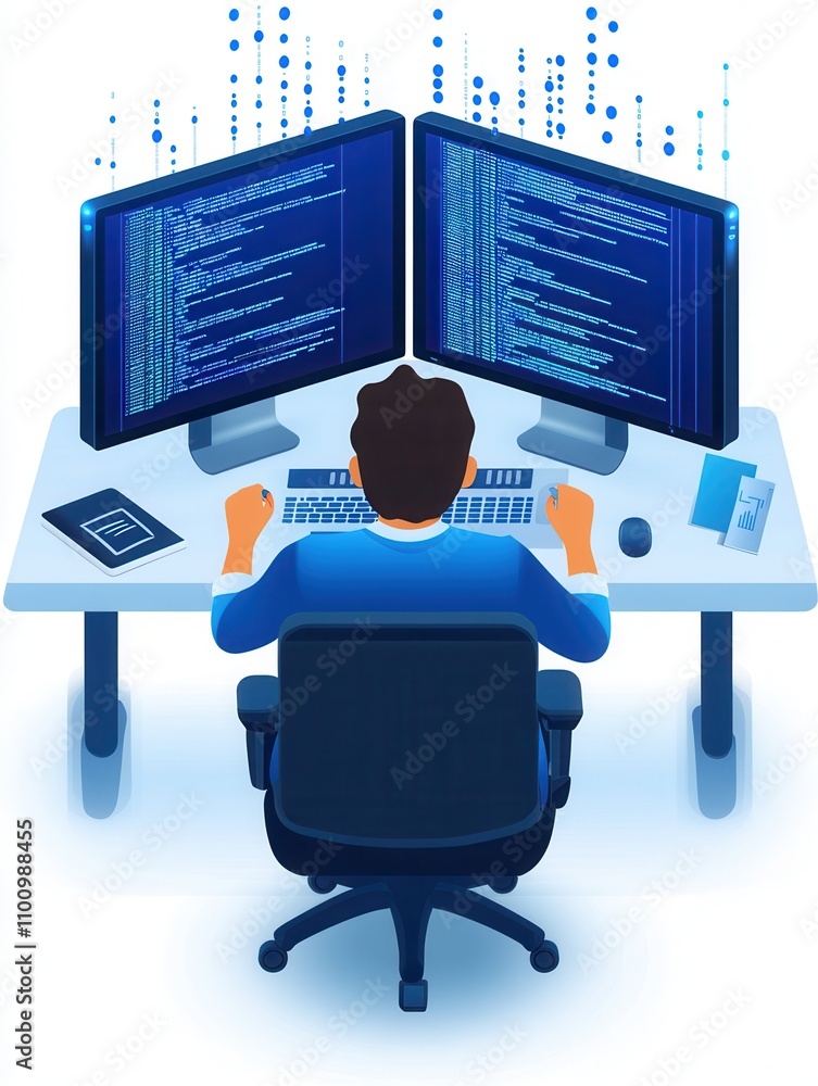 Fototapete A person seated at a desk with dual monitors displaying code, engaged in programming or data analysis.