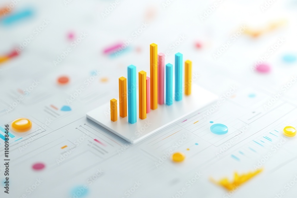 Poster A colorful 3D bar chart rises from a flat surface, surrounded by various data points, symbolizing data analysis and visualization.