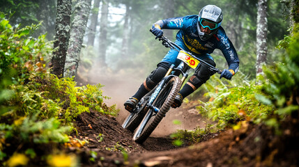 Naklejka premium Mountain biker navigating a foggy forest trail during a competitive race event