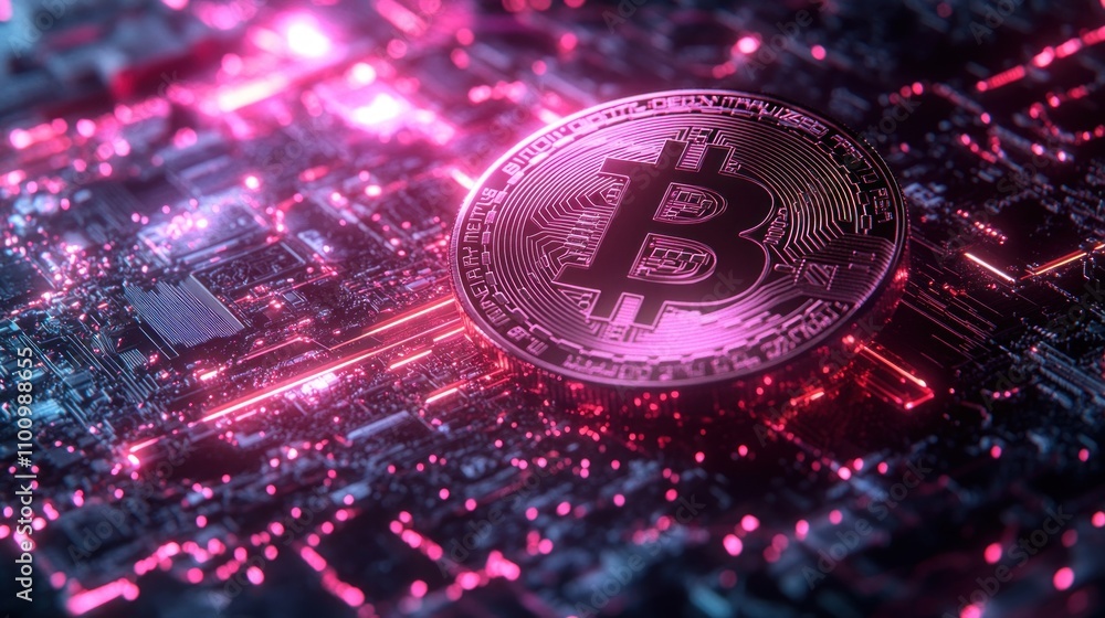 Poster a close-up of a bitcoin cryptocurrency coin on a circuit board with red and pink glowing lights.