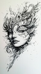 Fototapeta premium Intricate Pen and Ink Drawing of a Woman's Face Adorned with Floral Designs