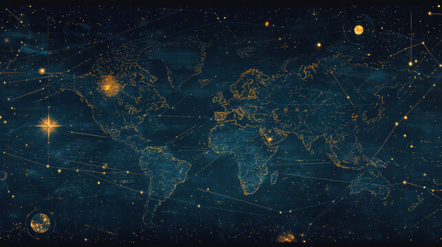 A starry night sky map.  Points, lines, and planet shapes create a world map design.
