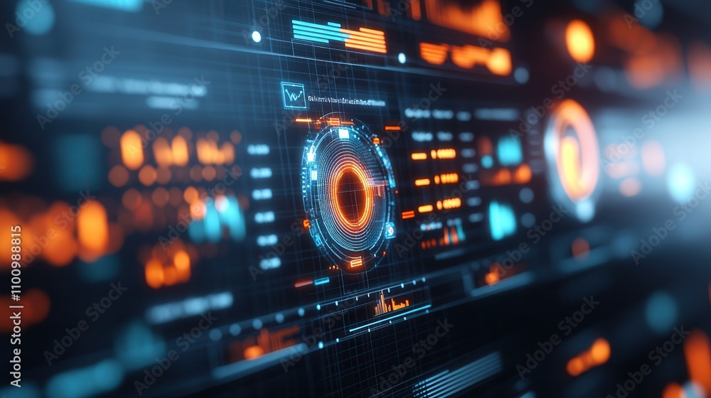 Poster a futuristic digital interface with glowing elements, featuring vibrant blue and orange graphics aga