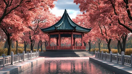 Fototapeta premium A traditional Chinese pagoda sits in a serene garden with blooming cherry blossom trees, a reflecting pool and a stone bridge.