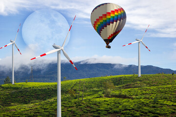 Enjoy a scenic hot air balloon ride over beautiful wind turbines and lush green hills