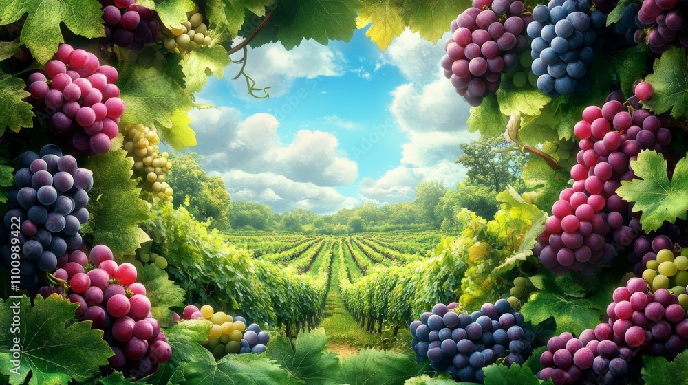 Poster a view of a vineyard through a frame of ripe grapes.