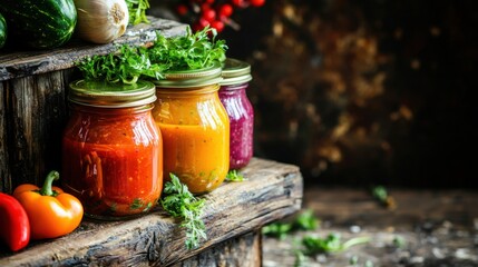 Homemade vegetable preserves rustic kitchen food photography natural setting vibrant colors
