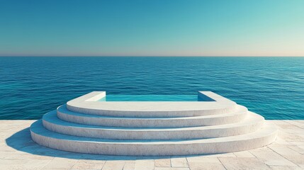 A white infinity pool on the edge of the ocean with steps leading down to the water.
