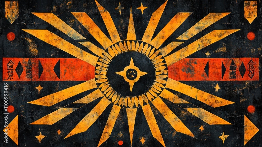Poster abstract geometric sunburst design with symbolic elements