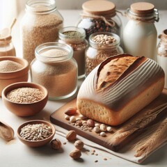 ingredients for baking and a ready make bread