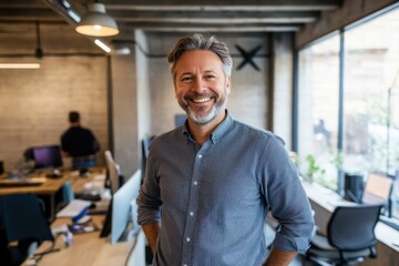 Happy confident professional business man of middle age standing in office Mature 50 years old business owner