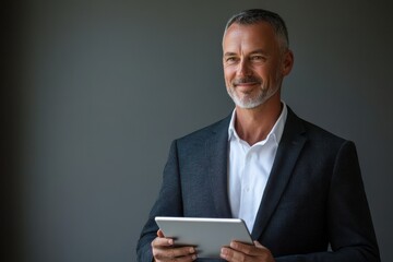 Happy elegant middle aged professional business man financial executive manager using digital tablet