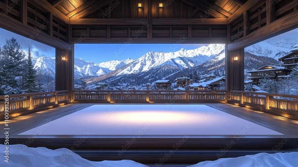 Poster a wooden deck with a large, empty space and a view of a snow-capped mountain range.