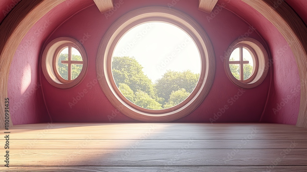 Poster a wooden floor with a round window looking out onto a forest, surrounded by two smaller windows.