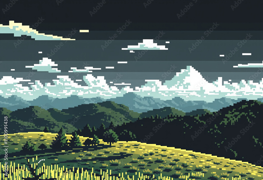 Poster merges photogram techniques with pixel art’s blocky design to create landscapes that balance realism