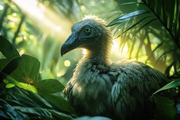 Fototapeta premium A young vulture sits in the sunlight, with lush foliage behind it.