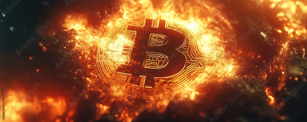 Poster bitcoin symbol with a fiery background