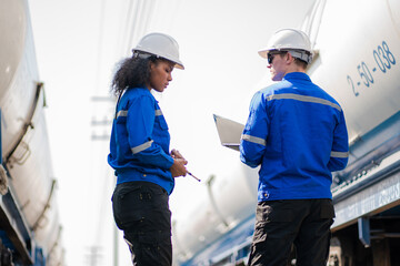 Team of engineer railway wearing safety uniform and helmet under checking train ,wheels and control system for safety transportation. Maintenance cycle concept.