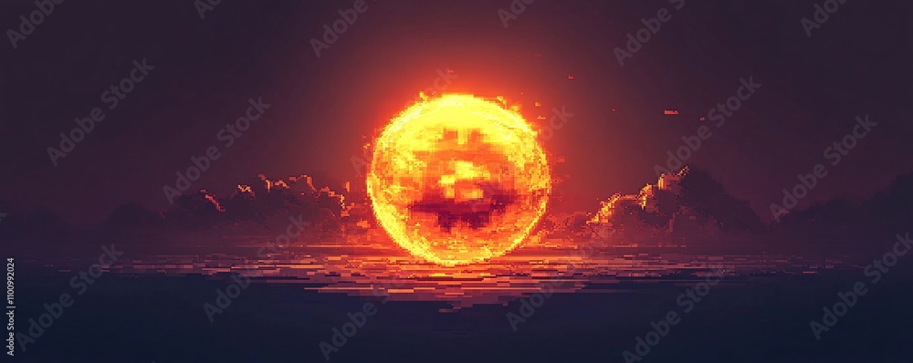 Poster bitcoin symbol with a pixelated, 8-bit style
