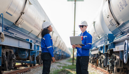 Team of engineer railway wearing safety uniform and helmet under checking train ,wheels and control system for safety transportation. Maintenance cycle concept.