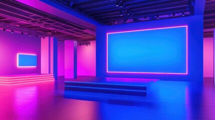 Fototapeta premium an exhibition screen with a vibrant blue surface and neon pink edges
