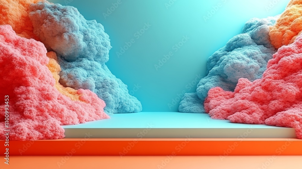 Poster abstract 3d background with colorful clouds and platform for product display.