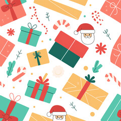 Seamless Christmas pattern featuring Santa's mail. Includes opened and closed envelopes adorned with festive branches, wax seals, and postage stamps. A cheerful holiday design perfect for paper wrap.
